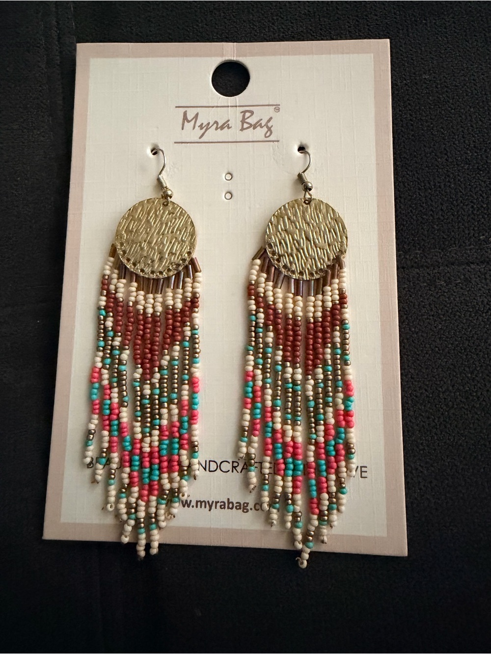 Myra Bag Gold Disc Beaded Fringe Earrings - Cream, Red, Turquoise & Pink